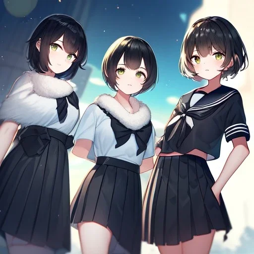 Clear focus, High resolution, fluffy black short hair, dark green eyes, wearing a black sailor uniform and pleated black skirt, fluffy hair, detailed outfit