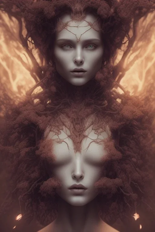 portrait photography of an ethereal beautiful animal goddess, Fire theme art, Dark moody night atmosphere, Portrait of a woman by Michelangelo, 8K, close-up face, anatomically perfect face, oak tree roots, ignore NSFW