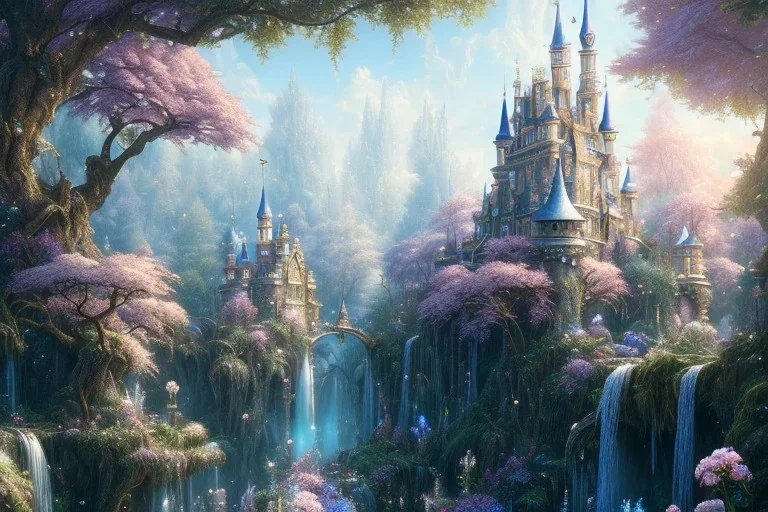 a fairy tale style, white gold castle，waterfall, flowering trees, full of details,real concept art, smooth, bright sunshine，soft light atmosphere, light effect，vaporwave colorful, artstation, concept art, smooth, extremely sharp detail, finely tuned detail, ultra high definition, 8 k, unreal engine 5, ultra sharp focus, magic ambient,