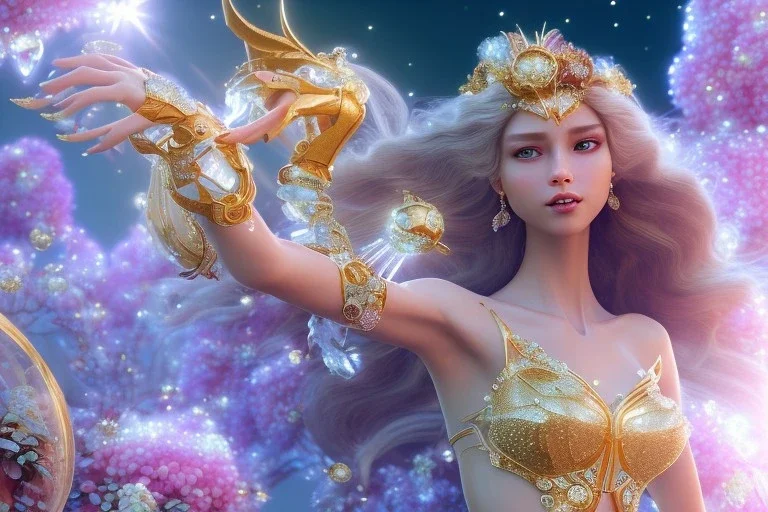 very beautiful crystal and gold goddess in a galactic ambiance, nice smiling, transparent petals, delicate colors, full of details, smooth, bright sunshine，soft light atmosphere, light effect，vaporwave colorful, concept art, smooth, extremely sharp detail, finely tuned detail, ultra high definition, 8 k, unreal engine 5, ultra sharp focus