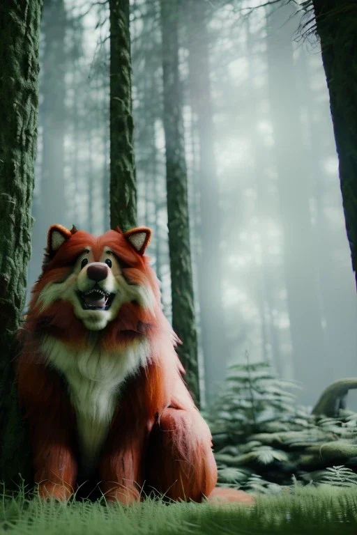 Realistic forest scene. big furry monster sitting next to tree. Wes Anderson style. Red hair, smile, happy, gradient color fog. highly detailed, concept art, unreal engine 5, ray tracing, RTX, lumen lighting, ultra detail, volumetric lighting, 3d, finely drawn, high definition, high resolution.