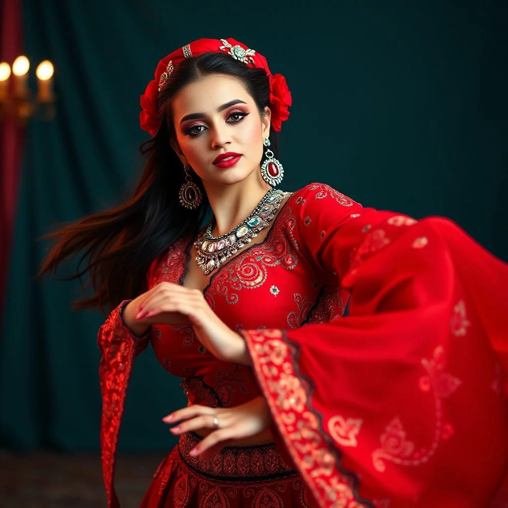 lady in azeri dance custum change clothing color to cyan and red fullbody shot