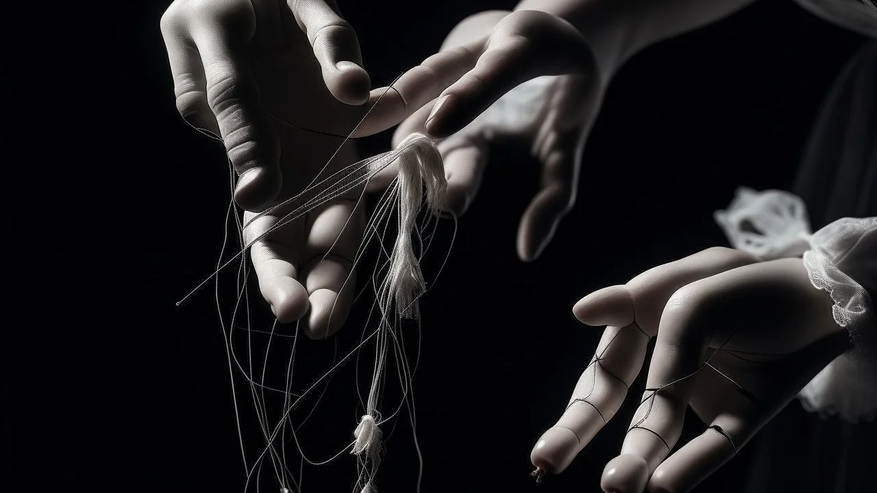 في الصورة، تظهر يد بشرية تمسك بخيوط دمية. اليد بيضاء ناصعة، بينما الخيوط سوداء داكنة. تمسك اليد الخيوط بإحكام، مما يوحي بسيطرة اليد على الدمية. تقف الدمية في الخلفية، وهي غير مرئية تمامًا. لا يمكن رؤية سوى الخيوط السوداء التي تمتد من اليد إلى الدمية. هذا يخلق إحساسًا بالغموض والتشويق. الصورة مأخوذة من زاوية عالية، مما يخلق تأثيرًا مهيمنًا لليد. هذا يوحي بأن اليد قوية وفعالة. الصورة ذات خلفية مظلمة، مما يخلق جوًا غامضًا ومثيرًا للاهتمام. هذا يعزز الموضوع العام للتلاعب، والذي غالبًا ما يرتبط با