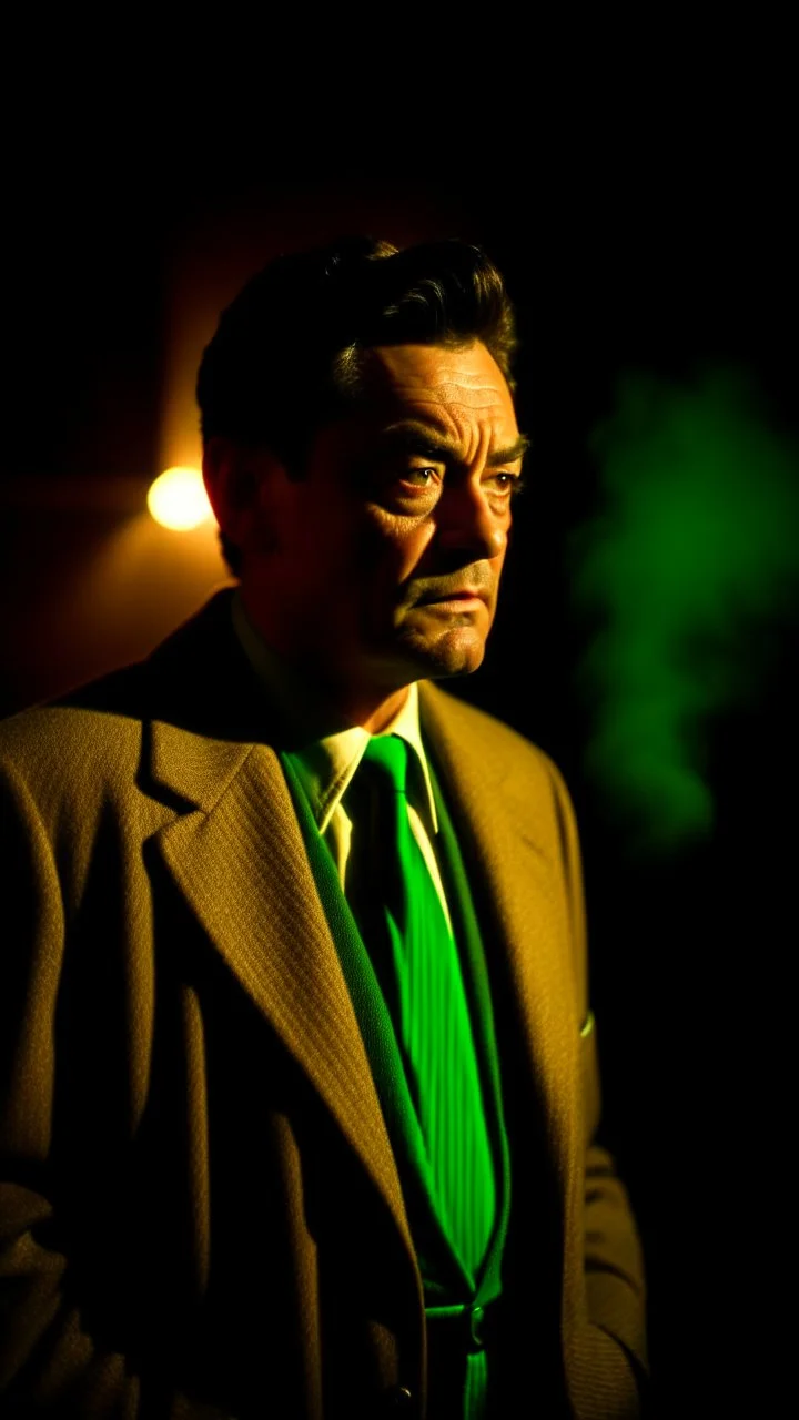 an utter in a brown blazer standing in front of smoke, backlit, in the style of gritty hollywood glamour, light brown and emerald, movie still, emphasis on facial expression, robert bevan