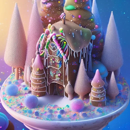 a gingerbread forest made of vibrant candy and frosting, rainbow sprinkles, blue pond, pastel cotton candy, 8k resolution, centered, high-quality, ultrafine-detail, digital art, detailed matte, volumetric lighting, illustration, 3D octane render, brian froud, howard lyon, greg rutowski, George Grie