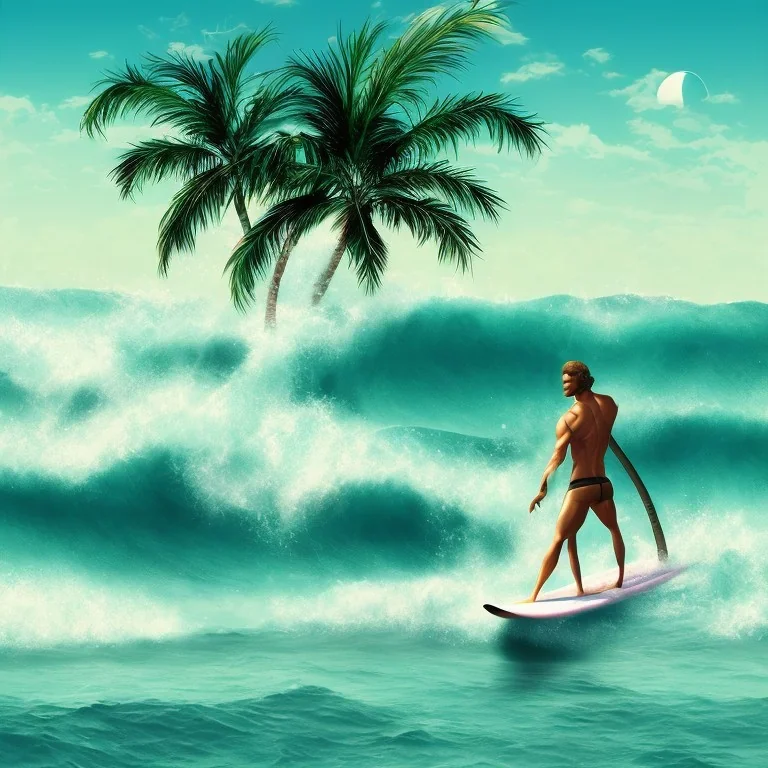 1980's aesthetic vaporwave surfer on waves with palm trees