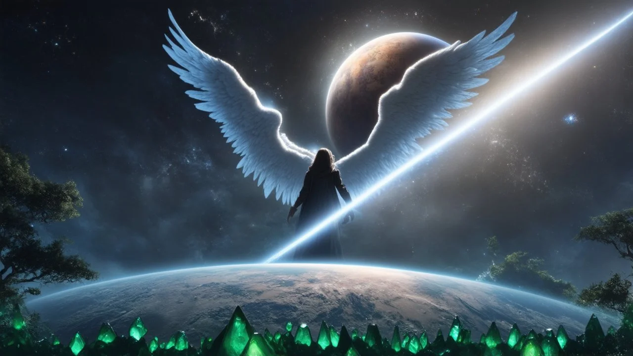 matrix universe, space, planets, god creation, angels from other dimensions with beautiful wings, trees on the planet, behind green crystals of light, few tiberium monolith deposits on the planet near tree,