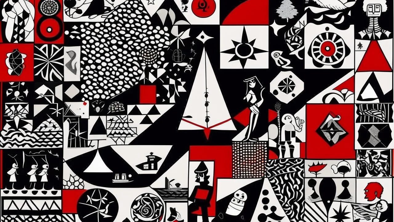 An abstract and geometric illustration by Malevich and Kuniyoshi of a black and white desert filled with symbols with an anarchist red and back flag.