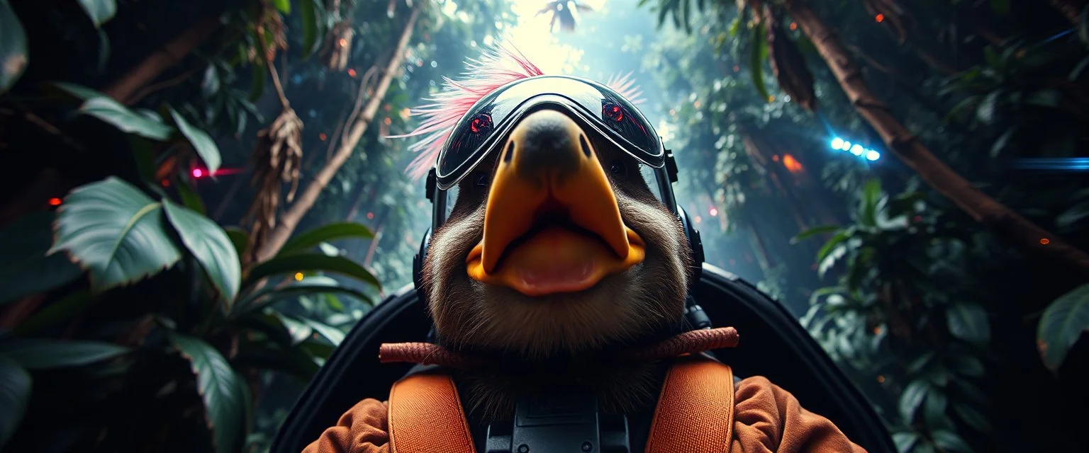 hyper sonic space warp through jungle crash pilot ,weird experiment gone wrong perspective close up portrait of dj shrimp beaver smug duck pilot looking down on cam, with background in the style of escher and giger, a chill contrapunctus fugue in the style of fsol, beethoven, goa trance breaks, dancefloor drum and bass,