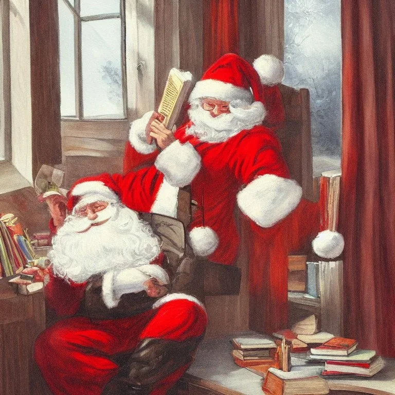 a painting of santa claus reading a book while sitting next to a window in the winter time with a candle lighten up on his desk