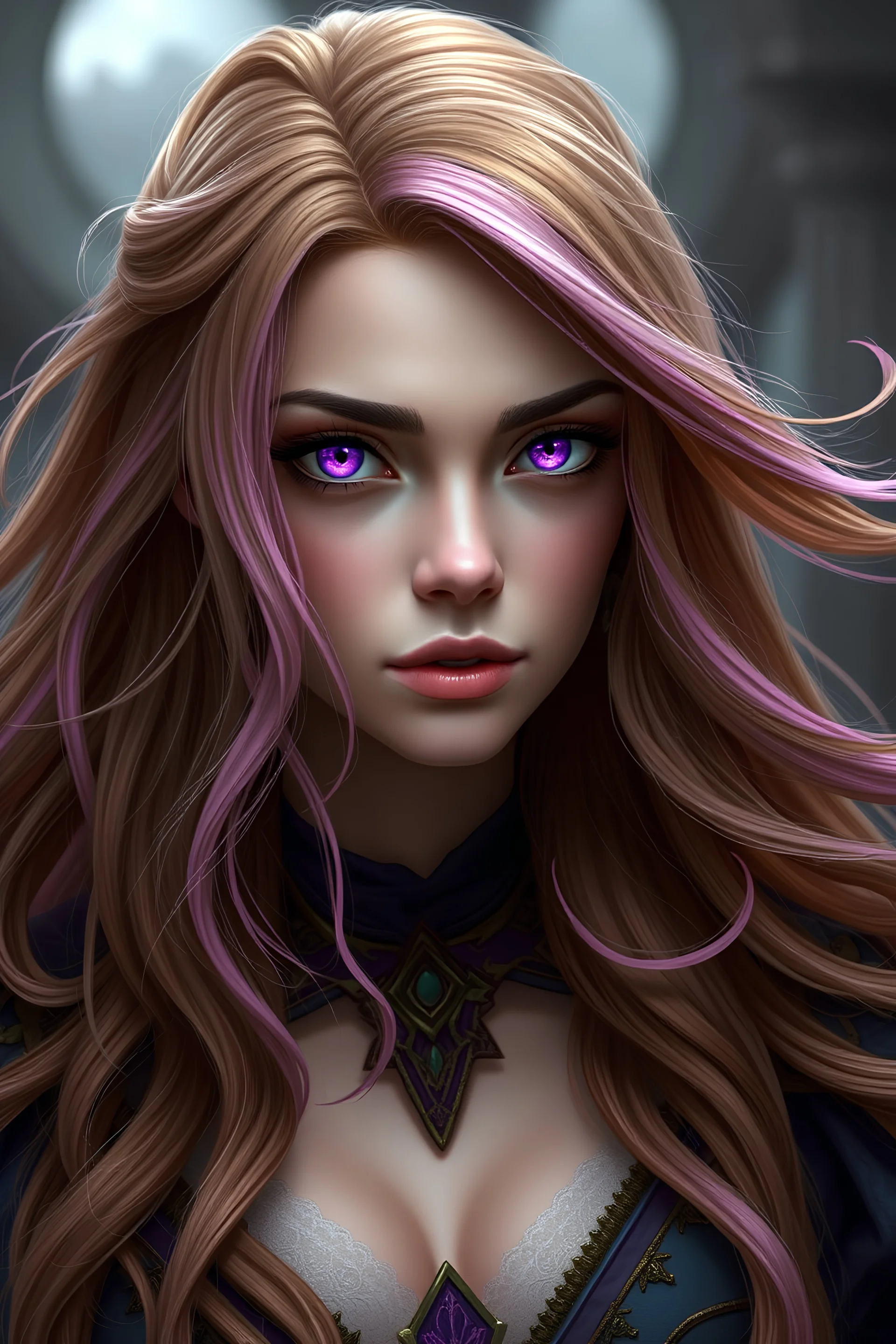 A beautiful human sorcerer woman with purple eyes and long flowing brown and pink hair dnd