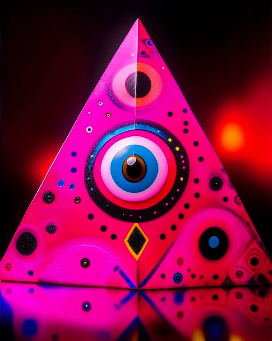 A magenta shining light pyramid with glowing eyes designed in Australian aboriginal art painted by Wassily Kandinsky