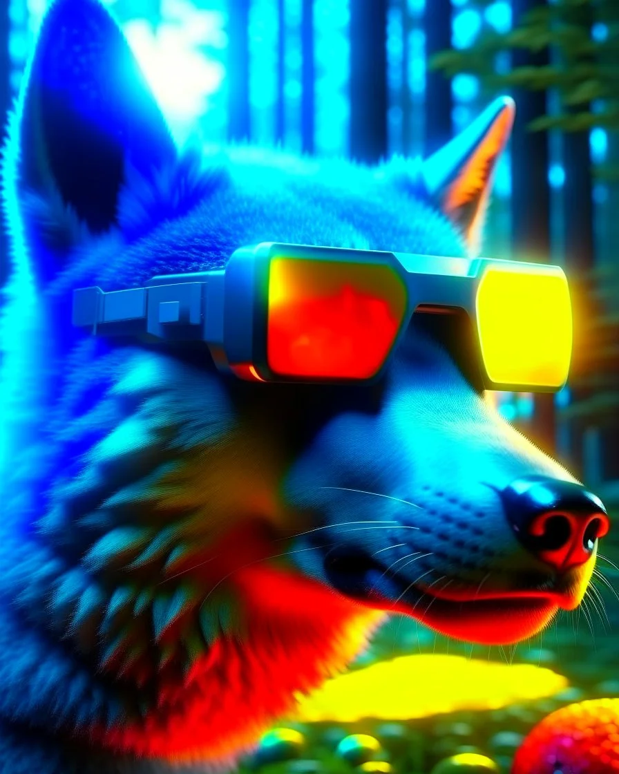 Wolf with futuristic science fiction glasses woods background colors complems photo realistic artwork hyper-detailed 8k