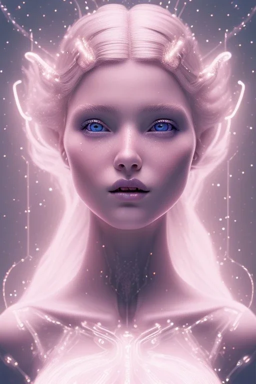 fairy style, head, women, portrai, tron sketch of a girl on lined paperA beautiful one nude body of a make up smiling woman blond long hair, alone, high key lighting, volumetric light high details with white stripes and blue eye, smiling with plump pink lips, flowers around, unreal engine petit prince belle fine, profil de trois quart, grand front cosmique, peau bleu cristalline, yeux bleu, perle sur le front long cheveux blond et rose etoilé, cristaux sur le corps, collier de grande princesse,