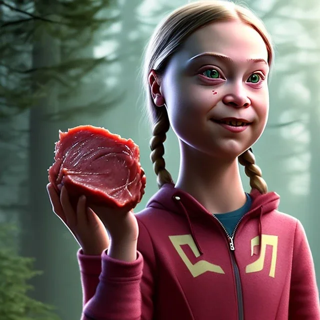 pixar style anamorphic greta thunberg eating bloody meat