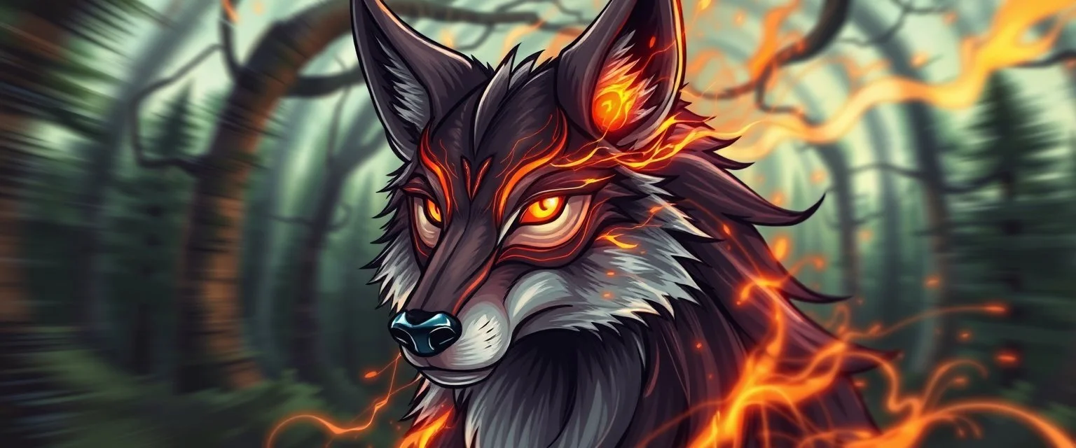 airbrush and pen outline, cartoon with background as motion blurred forest twisted like a zoomed tunnel, staring blink wolf close up portrait of a plasma racoon fox horse king lama shape shifter flickers like hypnotic fire in geometric shapes like a dna swirl of time and a fearsome planeswalker covered in powerful runes