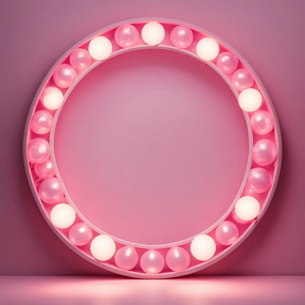 A pink round picture frame with round light bulbs all around on a light background to remove