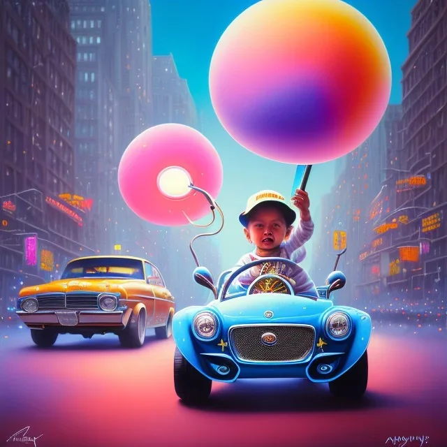 A one-year-old boy rides in the plastic funny toy-car on the middle of a busy street in new york. He has and a large-brimmed straw hat. somehow photographic bright colors and sunset, fantasy art, Anna Dittmann, digital painting, dan mumford, oil on canvas, jeff koons, akihito yoshida, wlop, kodachrome,