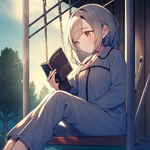 anime girl sitting on a porch swing of an old house, wearing pajamas, drinking a cup of coffee, writing in a book, its raining outside, more detail on hands and her face