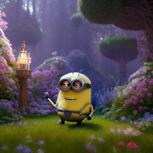 pixar style, volumetric summer garden environment and background, realistic painting of a Minion, smiling, detailed digital painting, extreme dense and fine fur, anime, ornate, colour-washed colors, elegant, small minutiae, tiny features, particulars, centered, smooth, sharp focus, renderman gofur render, 8k, uhd, detailed eyes, realistic shaded volumetric lighting, sunlight caustics, backlight, centered camera view