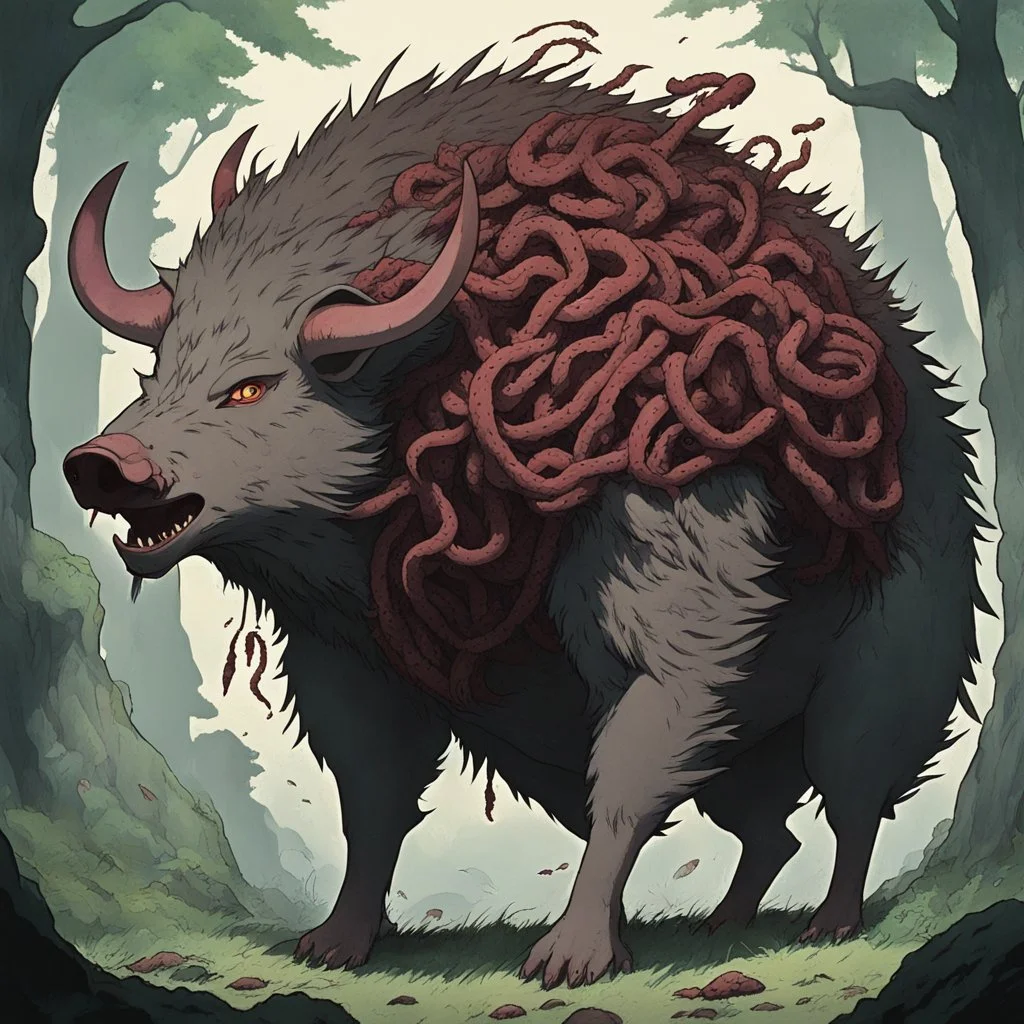 [art by ghibli mononoke] demon monster wild boar is covered in worms