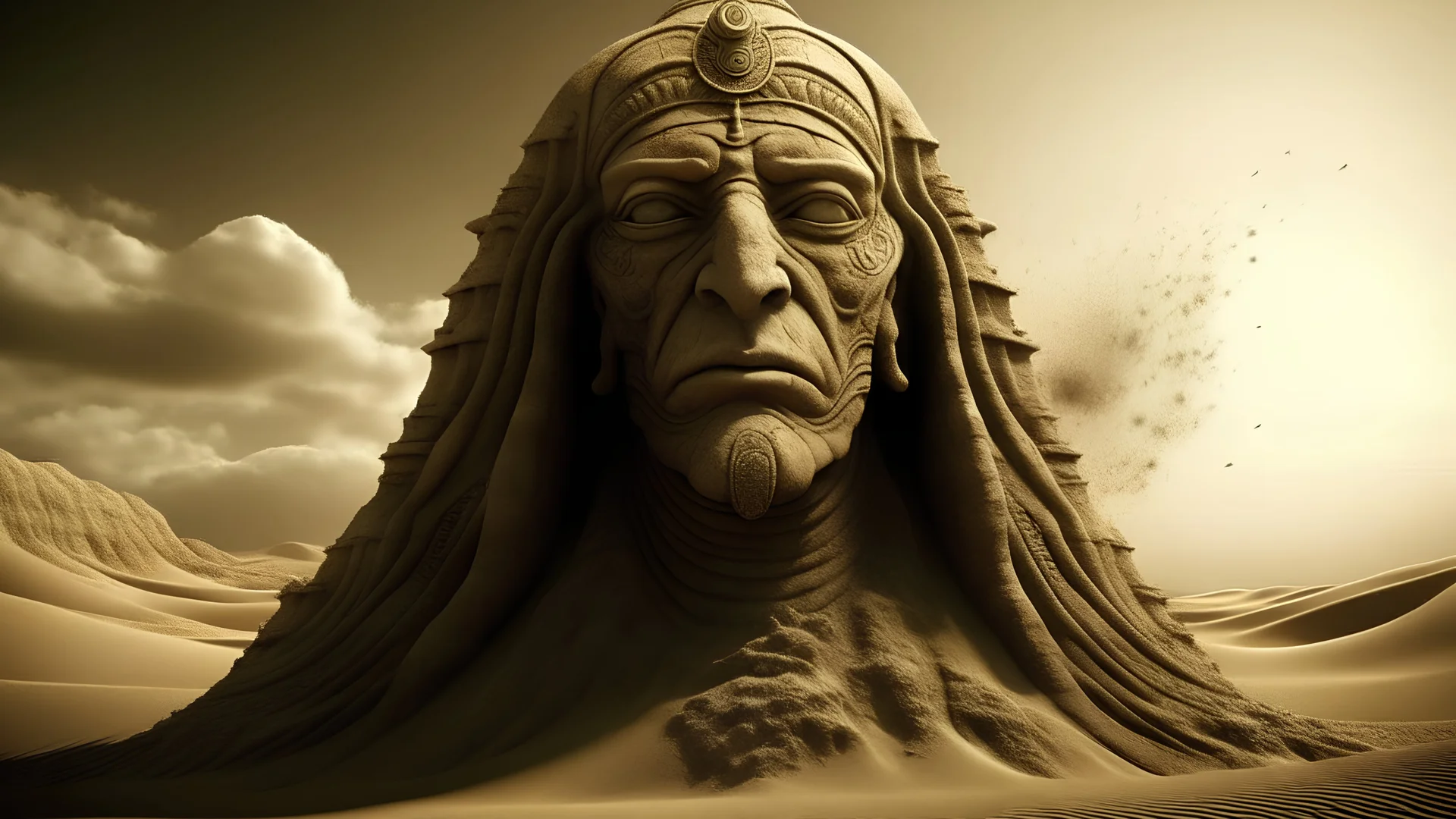 high quality illustration of crumbling Sandsphinx with a detailed face and sparkling amber eyes and nice skin made out of porous sandstone, picture dissolving and Morphing completely into swirling sand, volumetric dust, wide view with an oasis and pyramids in the background, very hot air, Shimmering heat, sepia tone, sand clouds, detailed particles, extreme swirling sand, sand strings, cinematic lighting, close up portrait, cel-shaded, golden ratio, 8k, highly detailed, realistic, extremely high