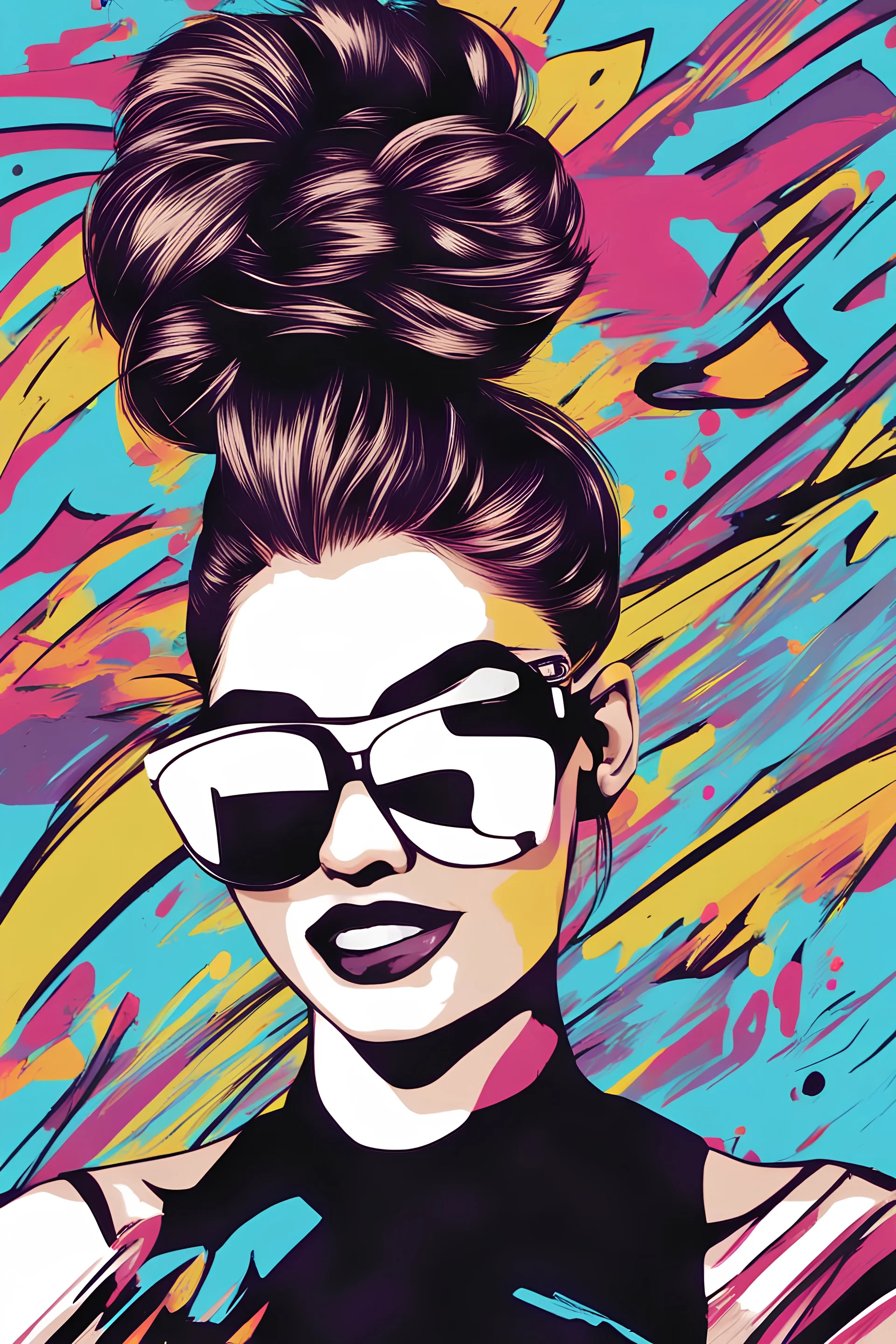 advertising banner the head of a girl with a very high hairstyle on her head, hair up, sunglasses, bright makeup.