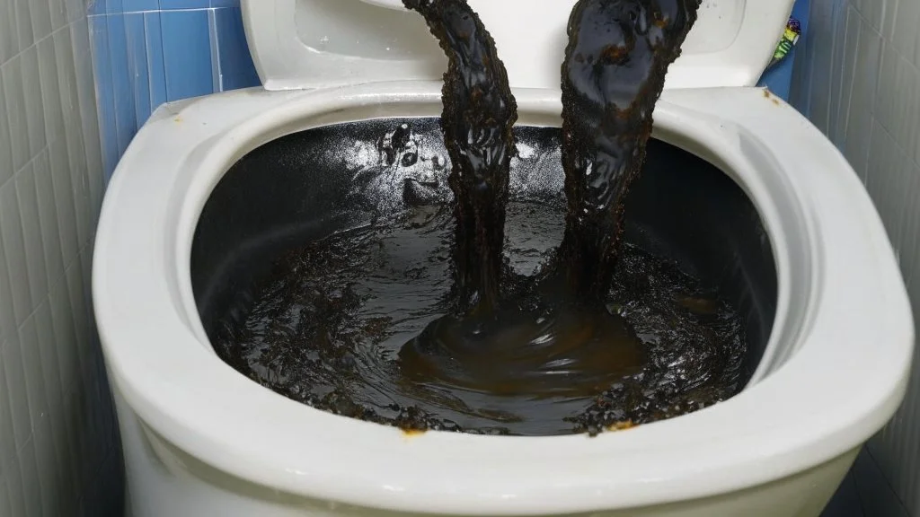 black turd starts to come out of the clogged toilet of black water