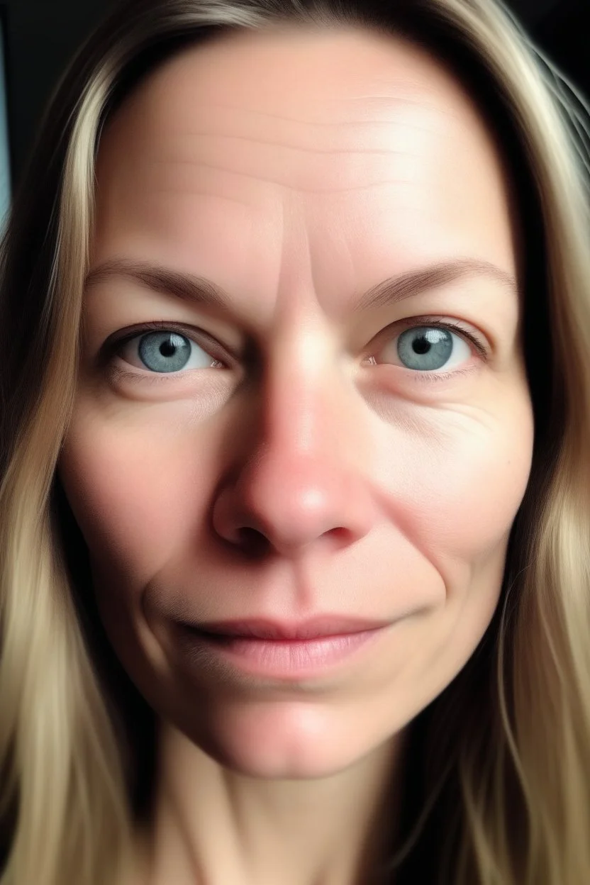 A selfie of a woman, middle blond hair, showing a 39-year-old European woman. She has brown hair, face without makeup, cute nose, detailed full lips, skin texture. Natural lighting and low contrast. Face framed.