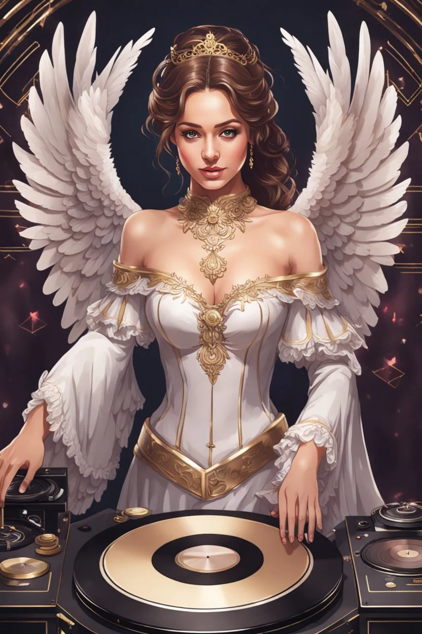 Front view half body excellent realistic portrait Beautiful Angel straddle wings ,she playing music turntable ,wearing luxury Victorian gown,at club disco party