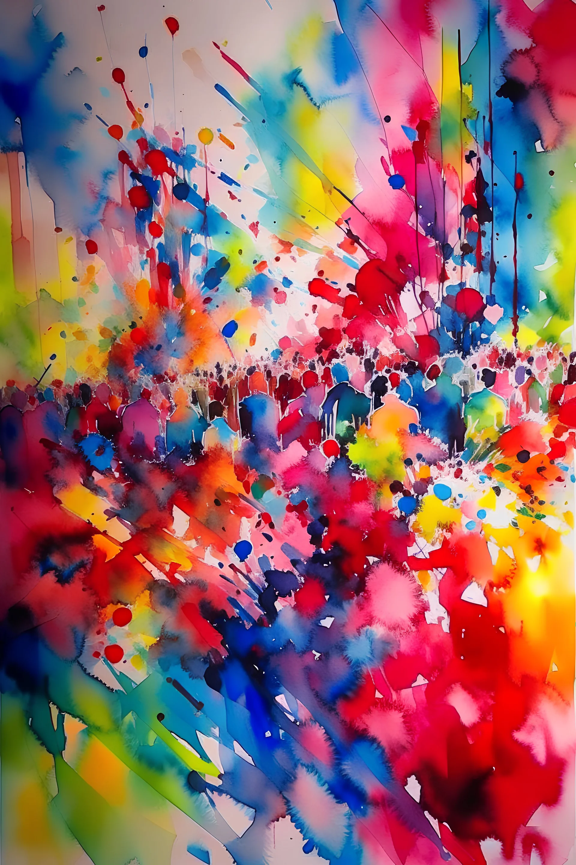 Watercolor, abstract, impressionist, not much detail patterns: Capture the energy of a music festival in abstract brilliance, with bold and dynamic colors converging to represent the lively and vibrant atmosphere.