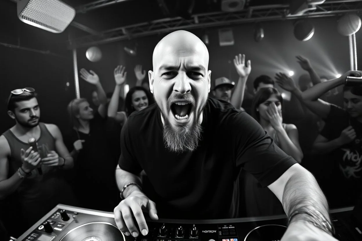 en manlig skallig och goatee DJ som sjunger nära in i kameran, väldigt exalterad, och folk som dansar våldsamt i backgrunden på ett techno disco, svartvit bild, prodigy trash style