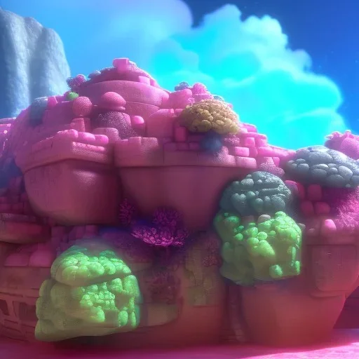 borg Cube spaceship with tentakel Coral plants growing out of it over a rocky desert with pink crystals