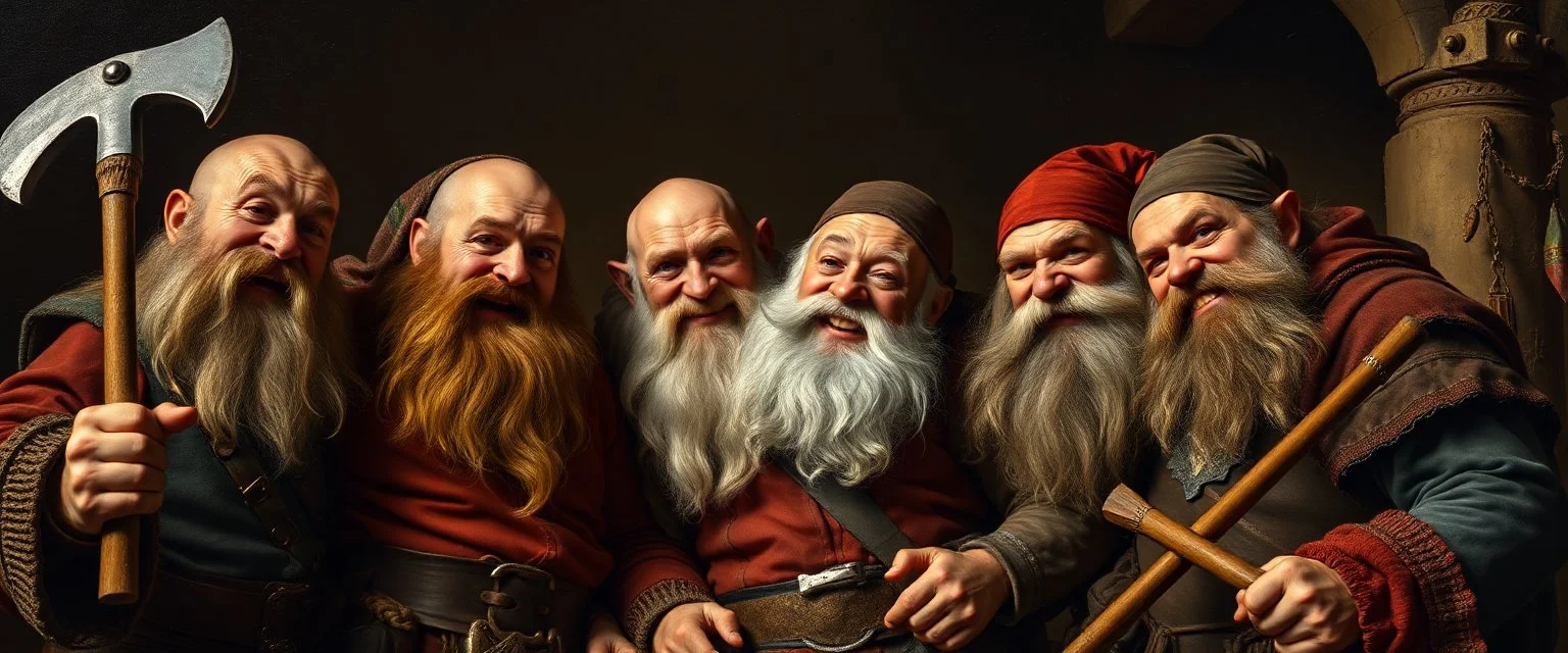 pin hole cam, master oil painting by Rembrandt, family portrait of smiling bad ass warrior clad muscle dwarves in fine clothes and with pickaxes laughing