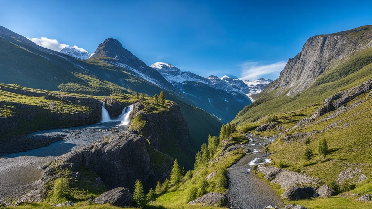 Stigfossen, rocky hilltop, valley, waterfall, road, mountains, sky, beautiful composition, award-winning photograph, astonishing realism, 28mm lens, adjust perspective