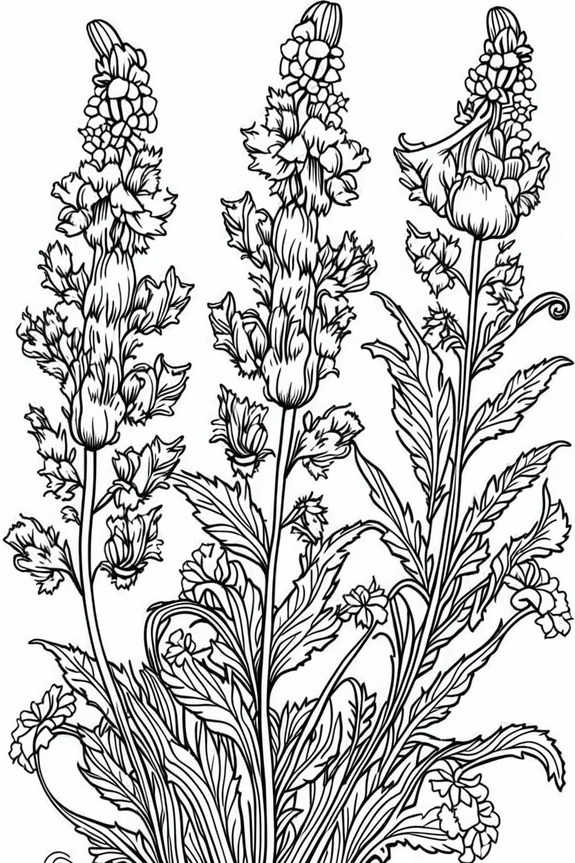 Outline art for coloring page, GARDEN OF SNAPDRAGON FLOWERS, coloring page, white background, Sketch style, only use outline, clean line art, white background, no shadows, no shading, no color, clear