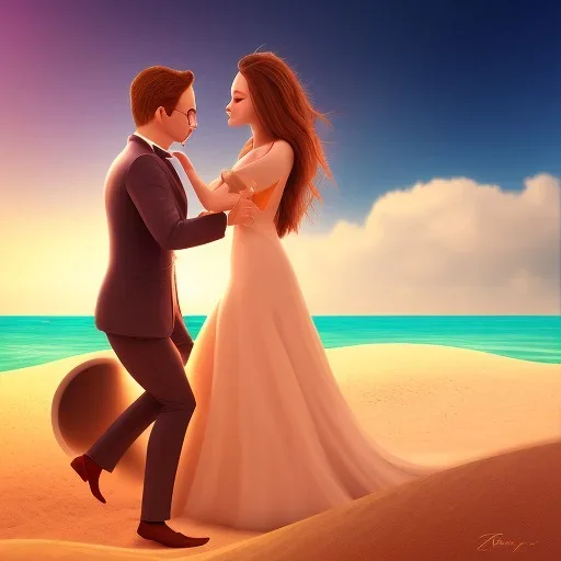 2 lovers last kiss in sand island with tent and river background