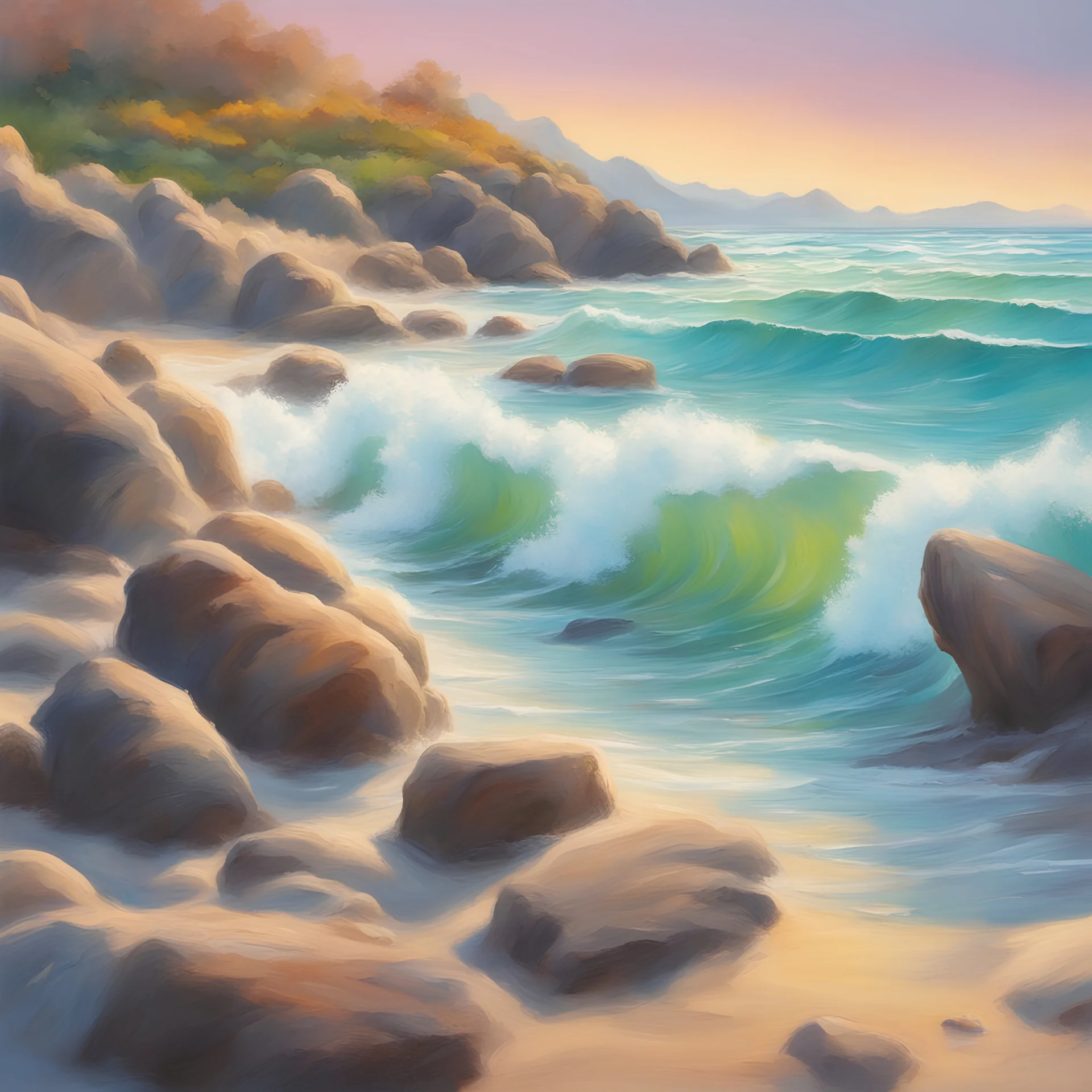 realistic image ; bright beach scene ; waves gently breaking on rocks; vibrant , bright colors