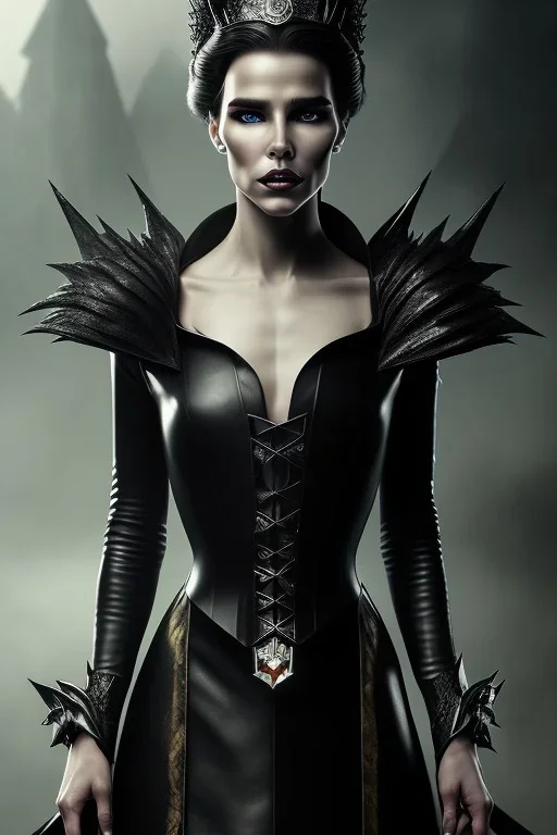 portrait of shae marks as evil queen in black leather gown, leather, angry, stern look, volumetric lighting, particales,highly detailed,cinematic, deep colours,8