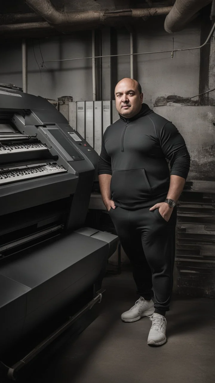 robust muscular turkish chubby 35 year old man in tracksuit, printer in an old printing house, next to a huge old printer, dim light, side light, ambient occlusion