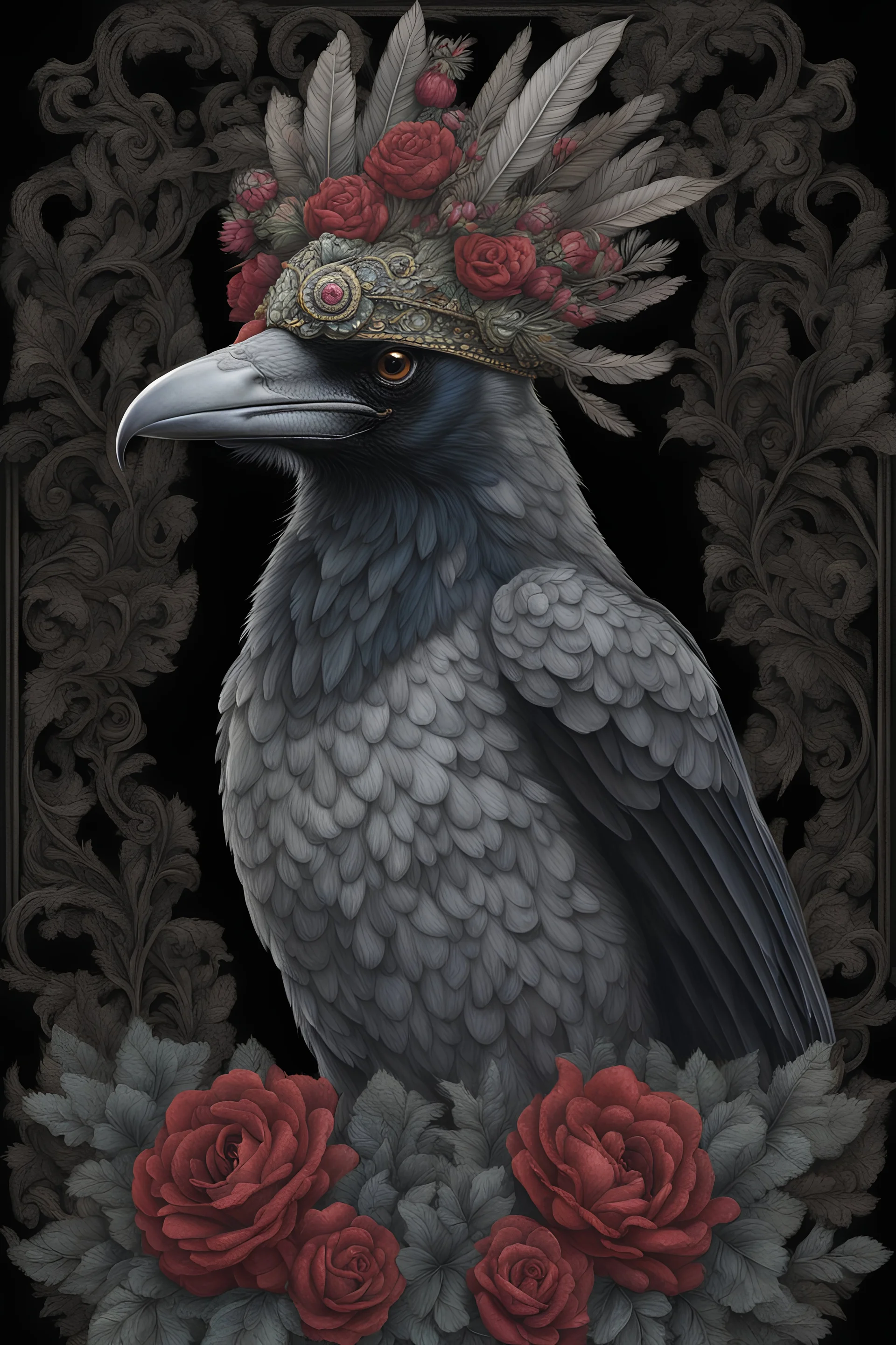 full portrait of a black and grey crow. close to nature. the crow has just one single eye. the head is complete. the beak is complete. textured detailed feathers adorned with rococo style green and black, diamond headdress, ruby-red florals, extremely detailed, hyperrealistic, maximálist concept art. vivid and sparkling light
