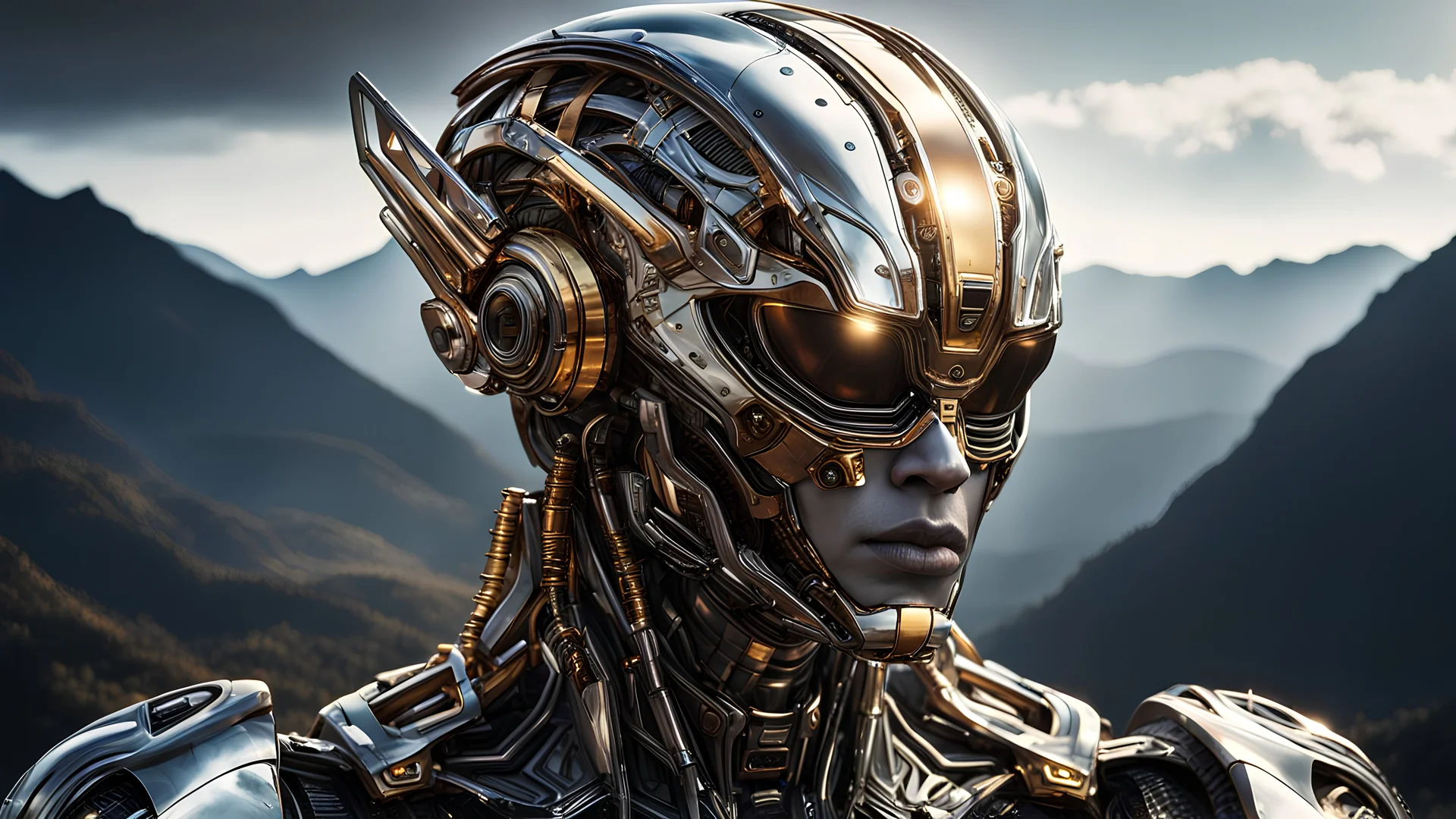 dark portrait of a detailed chrome & gold cyborg cato n a smokey mountains peak. alien mega structure buildings everywhere. futuristic. photoreal