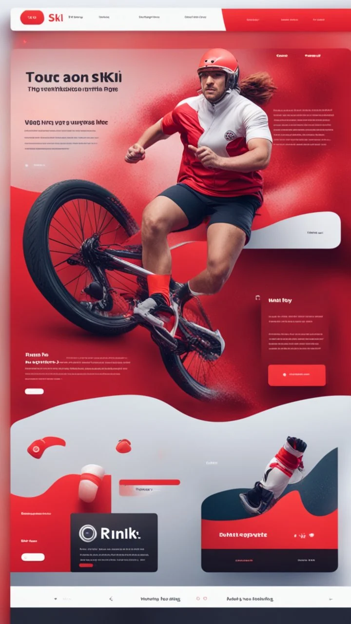 Design a user-friendly and visually appealing landing page for a sport website, prioritizing an intuitive user experience, red colors, power, skii, running, riding a bike, swimming