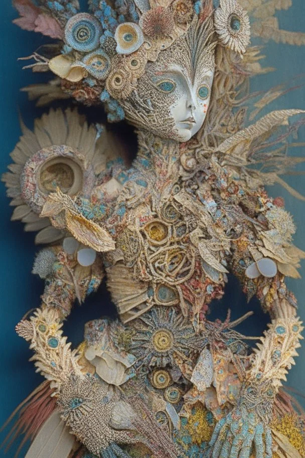 'Doll Parts" depicts a statue at Burning Man consisting of mismatched doll parts decorated with intricately detailed quilling consisting of flowers, foliage, feathers, shells, fossils, wood, pinecones, and gemstones; surrealism; Salvador Dali; Mixed media, quilling, rapturous, award-winning, intricate, insanely detailed, elegant, fantasy