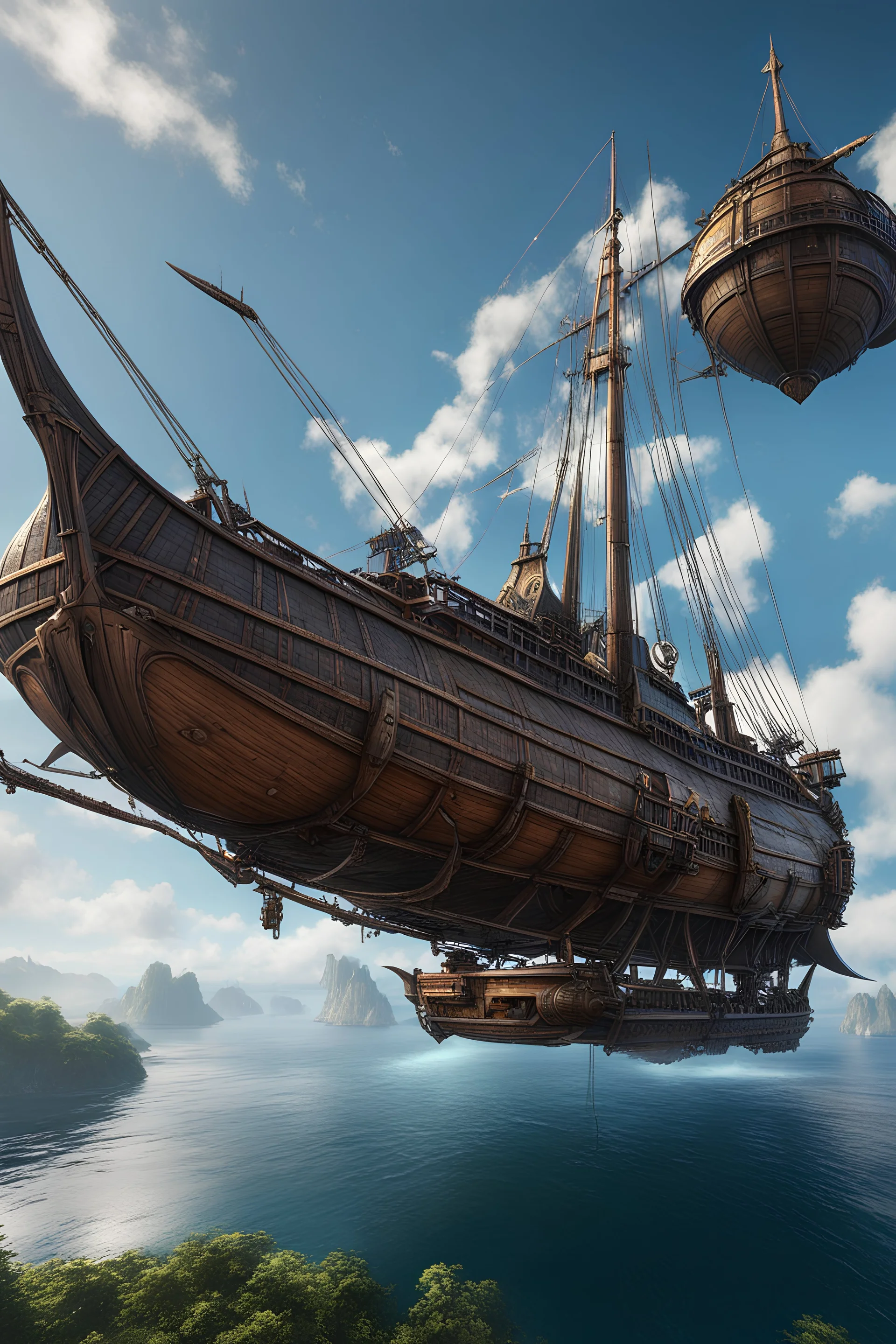 high fantasy flying skyship with brumestone nacelles, sailboat, wood hull, high resolution cgi, 4k, unreal engine 6, high detail, cinematic, concept art, thematic background, well framed