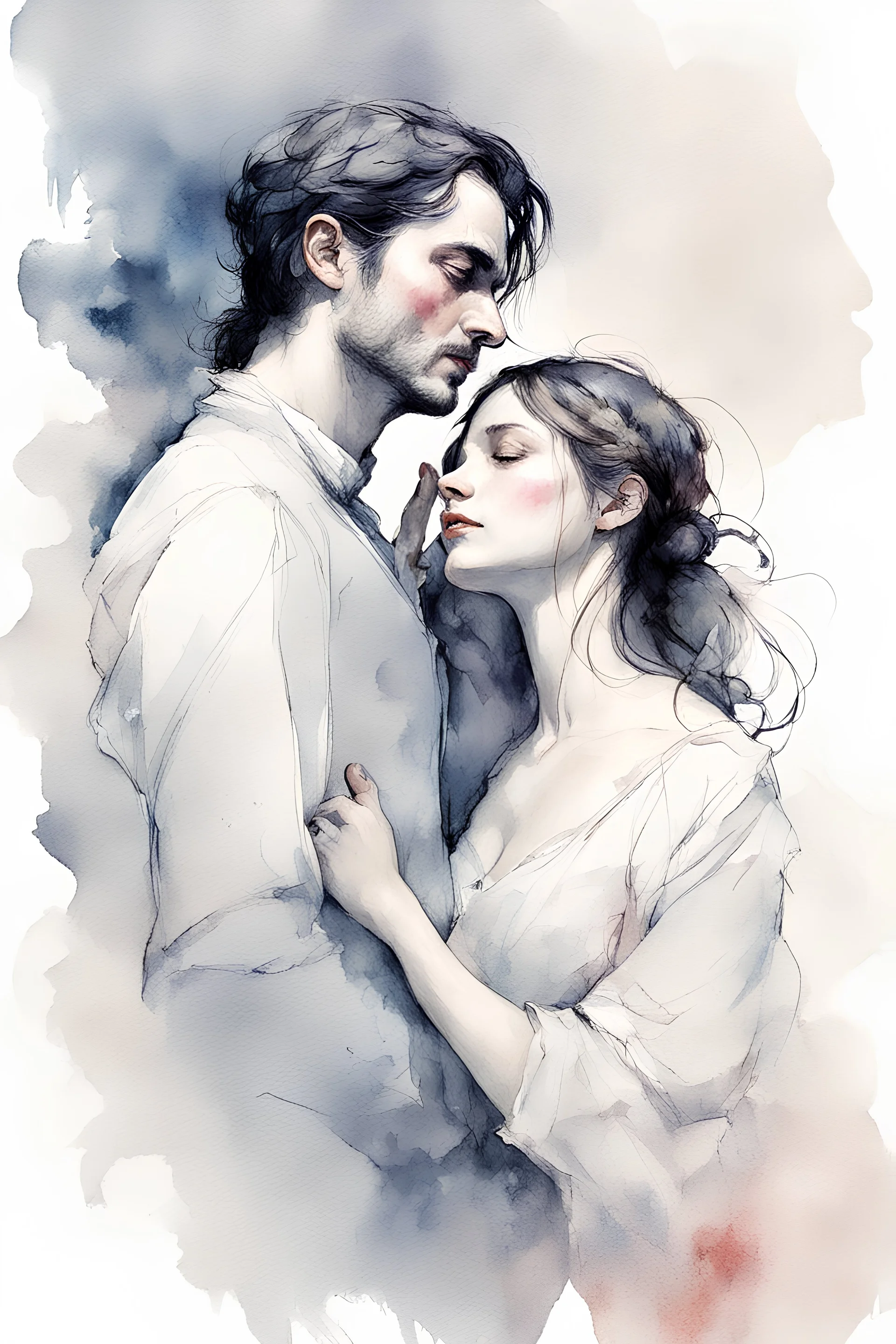 drawing of two people, Constance Buonasier and Dartagnan, characters of Dumas bending towards her in a half-bow, with a kiss on the hand, a solemn gesture, shy, beautiful illustration, Gene Wolfe, background of scenes from the film watercolor style of Mgali Villeneuve, by Ryohei Hase, Agnes Cecile, Raymond Swanland, Anne Bachelie