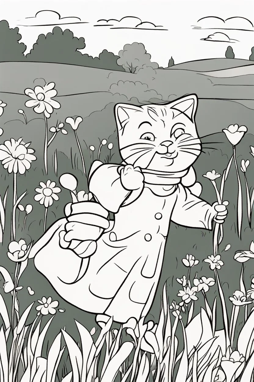 kids coloring page, field with flowers, cartoon style, thick lines, low detail, no shading