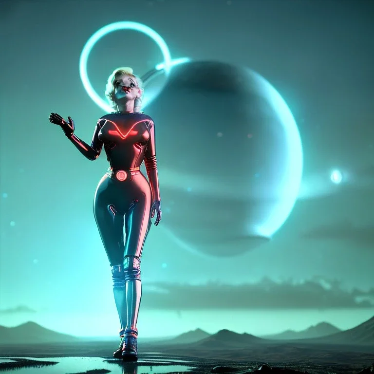 Ultra Realistic retro sci-fi scene, portrait, blonde woman, sweet young Marilyn Monroe face, perfect iris, glow eyes, makeup. Alien Saturn background, Retro sci-fi style, helmet, tight latex coat, fog, rain, soft color, highly detailed, unreal engine 5, ray tracing, RTX, lumen lighting, ultra detail, volumetric lighting, 3d, finely drawn, high definition, high resolution.