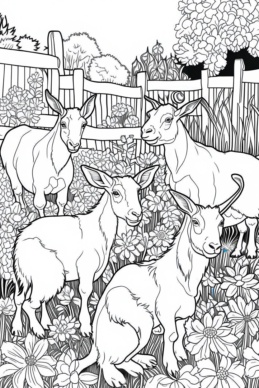 Outline art, no shading, goats full body in the garden, cartoon style, black and white, low detail, --ar 9:11