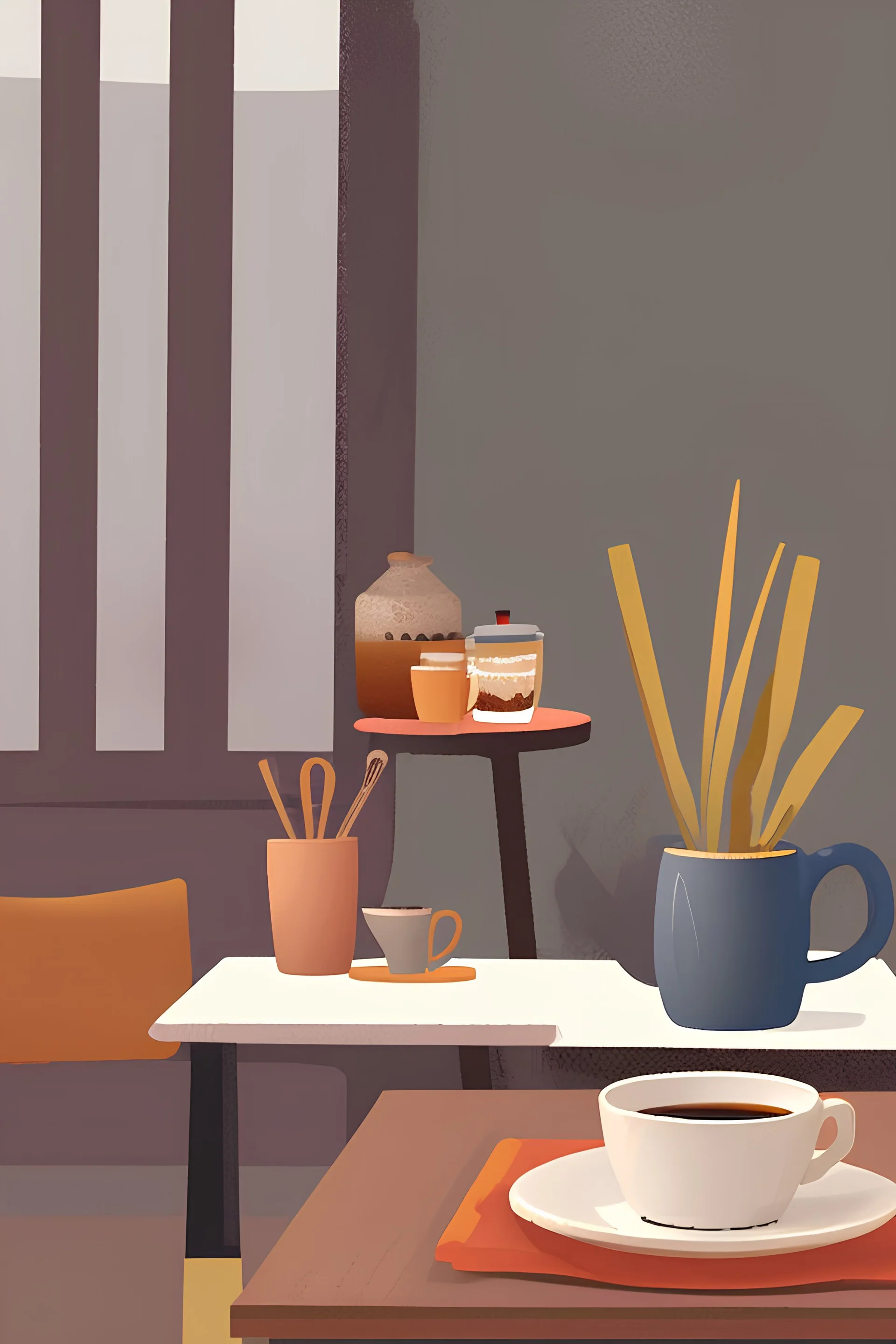 hot cup of coffee on kitchen table in warm and cozy table, illustration,